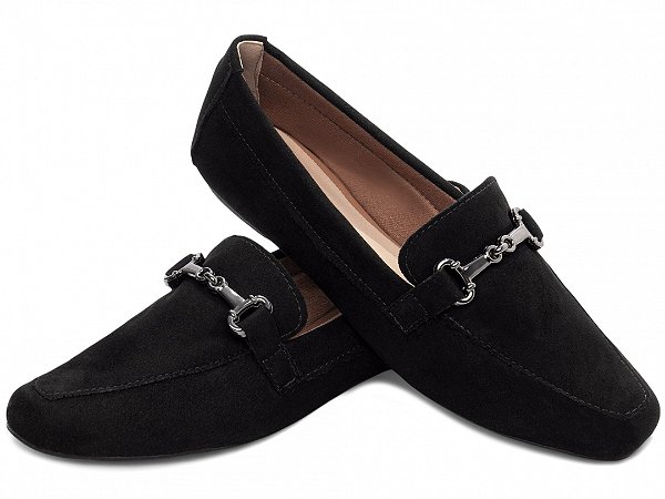 Mocassim Feminino Camurça Preto com Bico Alongado
