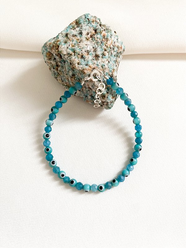 Pulseira Fio Apatita Olho Grego Prata 925