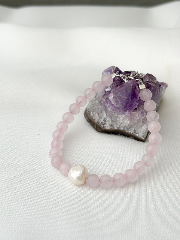 Pulseira Fio Liso Quartzo Rosa e Pérola Prata 925