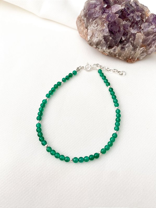 Pulseira Fio Liso Ágata Verde e Prata 925