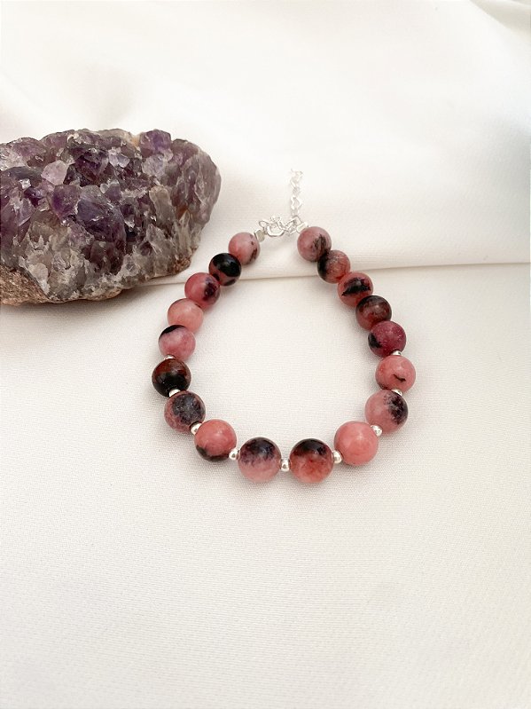 Pulseira Fio Liso Rodonita 8mm Prata 925