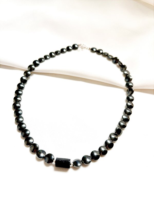 Gargantilha Hematita Moeda e Turmalina Negra Prata 925