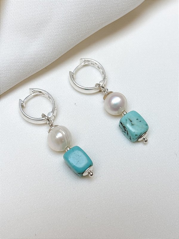 Brinco Argola Turquesa e Pérola Pão Prata 925