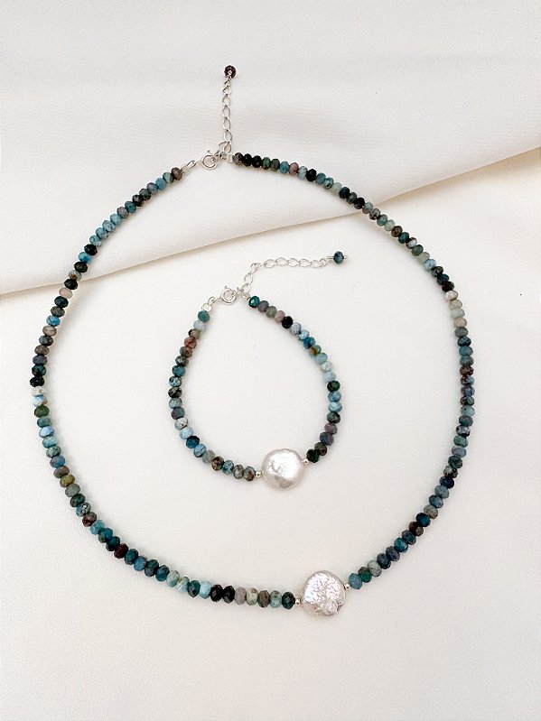 Gargantilha Fio Apatita e Pérola Biwa Prata 925