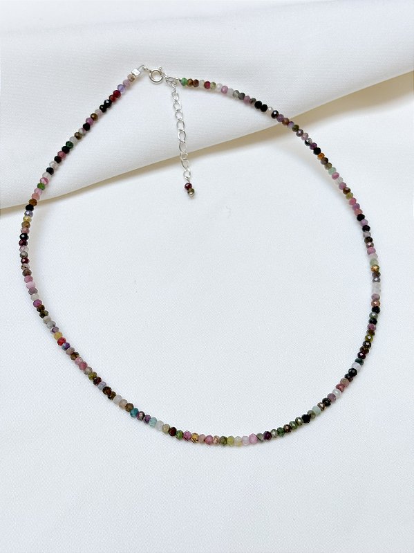 Gargantilha Fio Multifacetado Turmalina Melancia Prata 925