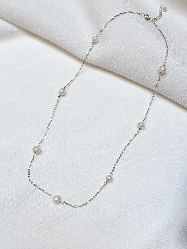 Gargantilha Pérola Batata e Corrente Prata 925 40cm