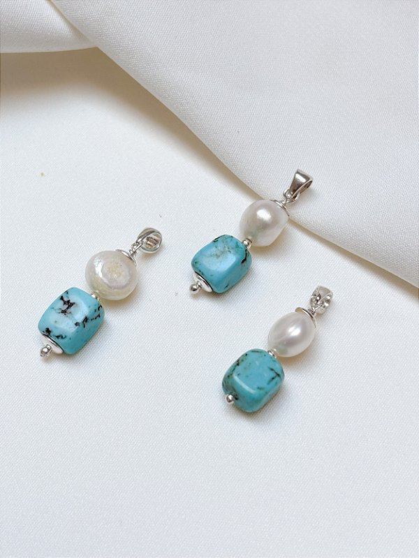 Pingente Turquesa e Pérola Pão Prata 925