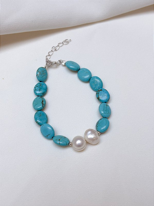 Pulseira Turquesa Moeda e Pérola Pão Prata 925