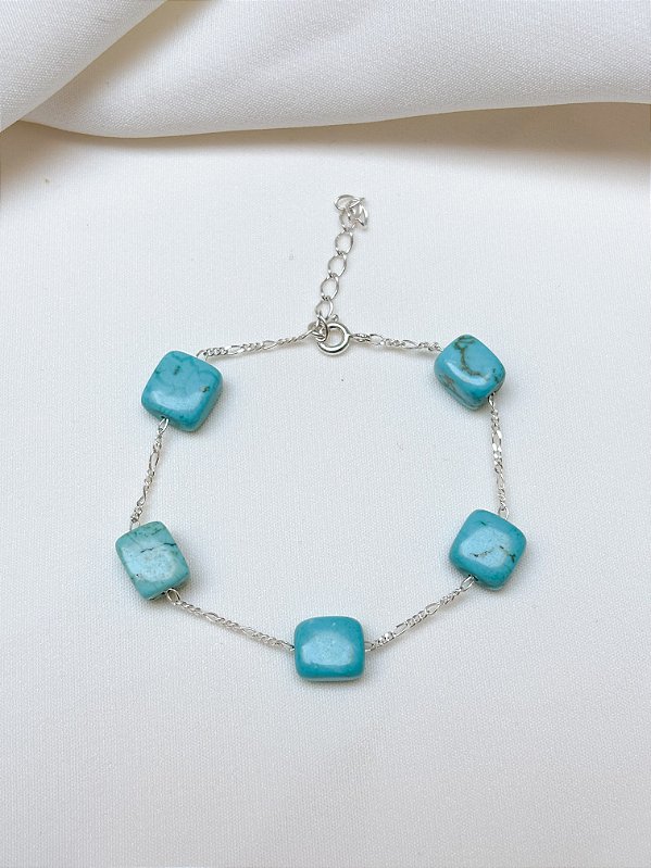 Pulseira Turquesa Cúbica e Corrente Prata 925
