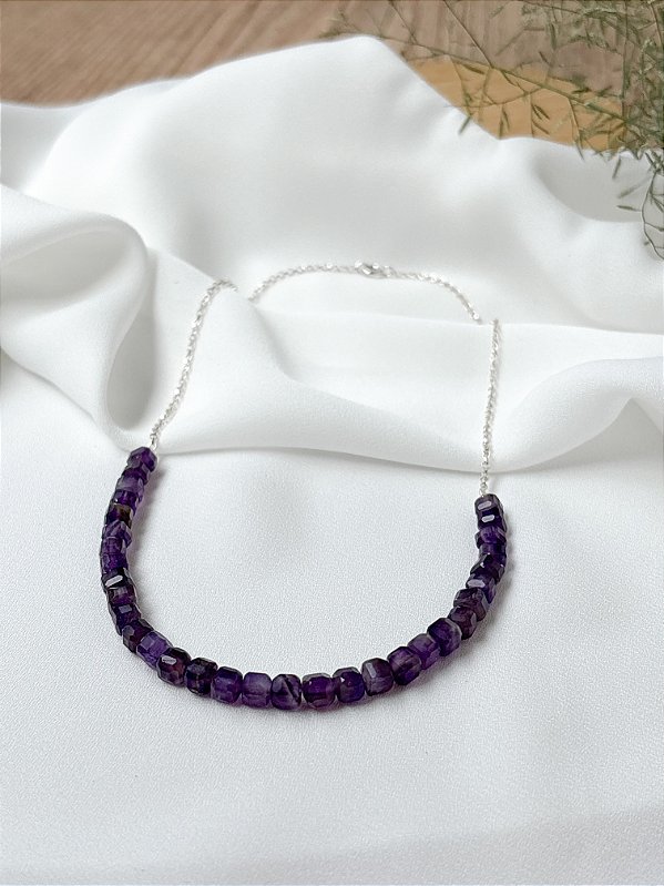 Gargantilha Ametista Cúbica e Corrente Prata 925