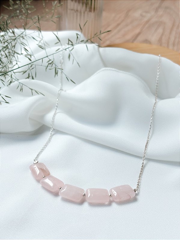 Gargantilha Quartzo Rosa Retangular e Corrente Prata 925