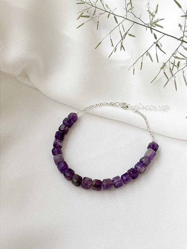 Pulseira Ametista Cúbica e Corrente Prata 925
