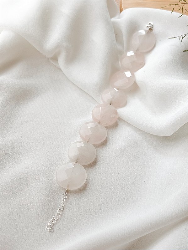 Pulseira Quartzo Rosa Moeda Prata 925