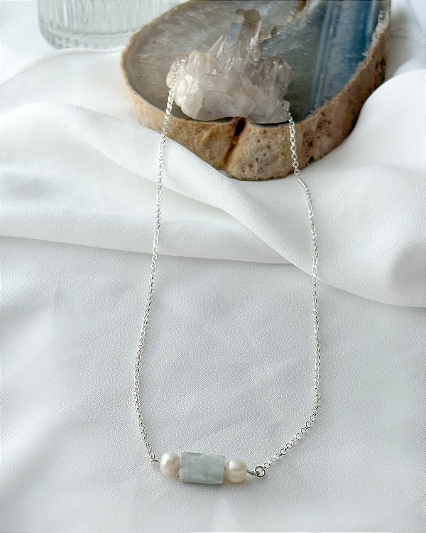 Gargantilha Água Marinha e Pérola Corrente Prata 925