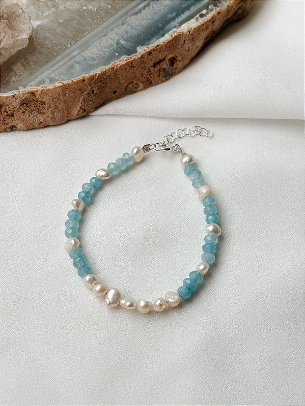 Pulseira Fio Água Marinha e Pérola Prata 925