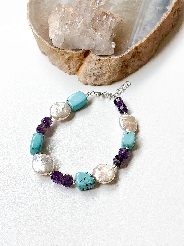 Pulseira Turquesa, Ametista, Pérola e Prata 925