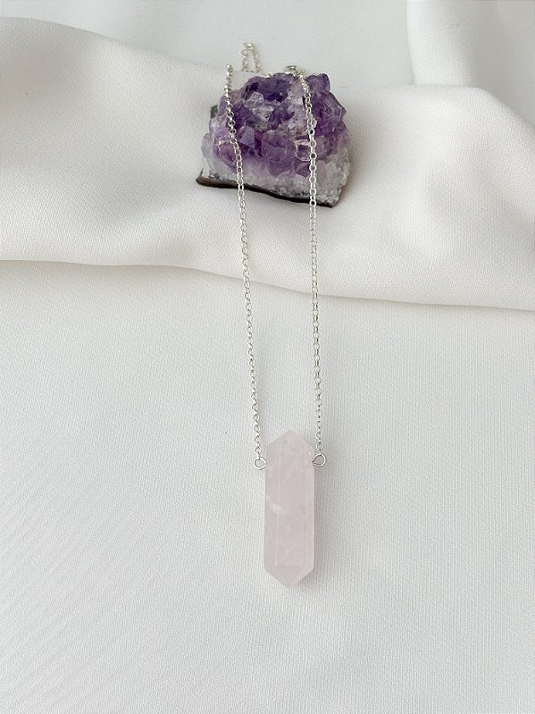 Colar Quartzo Rosa Bi Ponta Prata 925