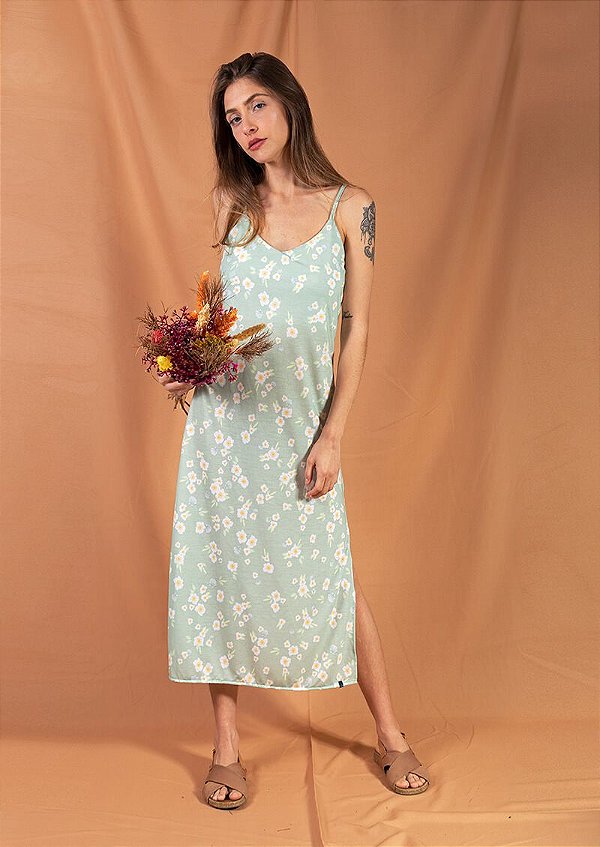 Vestido midi recortes floral verde romântico