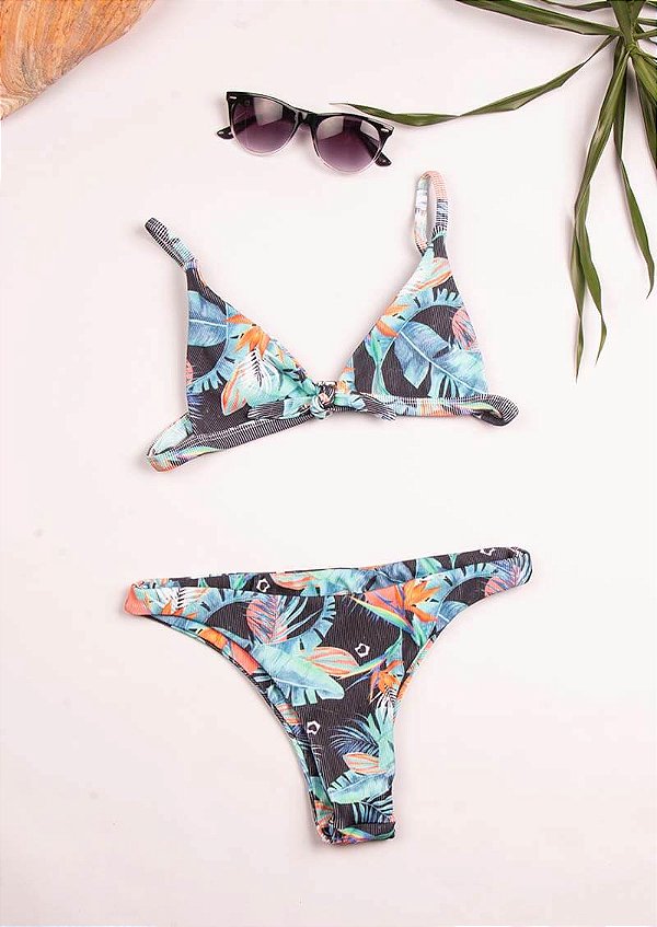 Biquíni canelado floral preto tropical