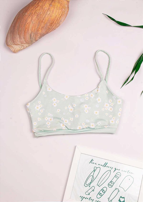Top biquíni dupla face alcinhas floral verde romântico