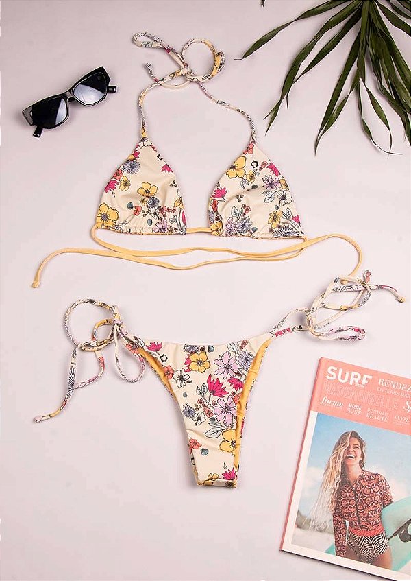 Biquíni cortininha dupla face floral amarelo retrô