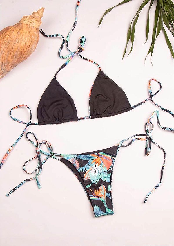 Biquíni cortininha dupla face floral preto tropical