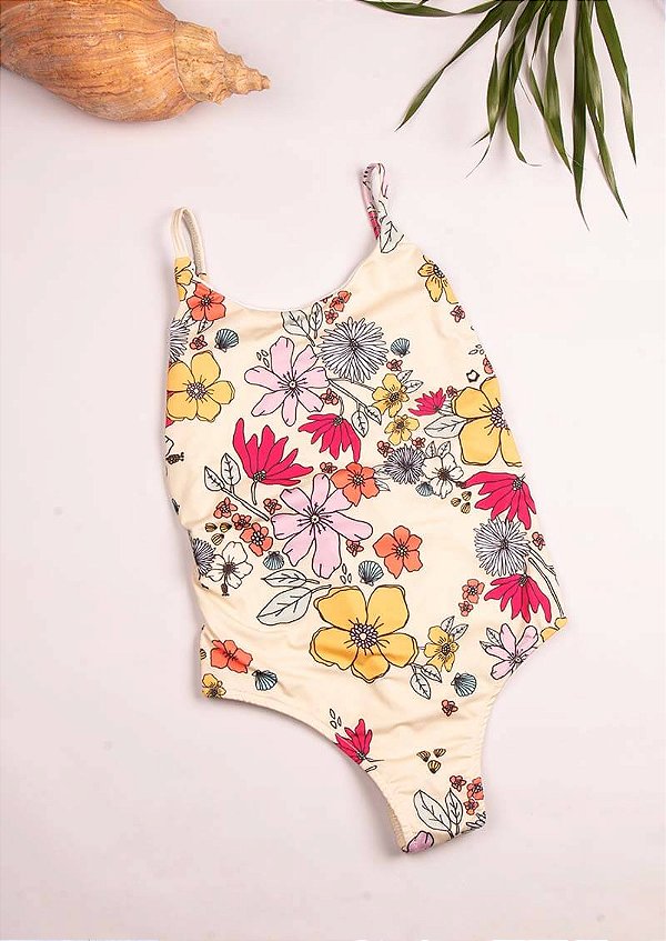 Maiô body floral amarelo retro