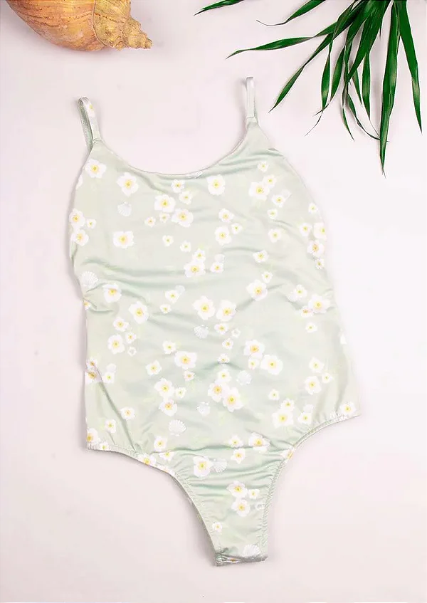 Maiô body floral verde romântico