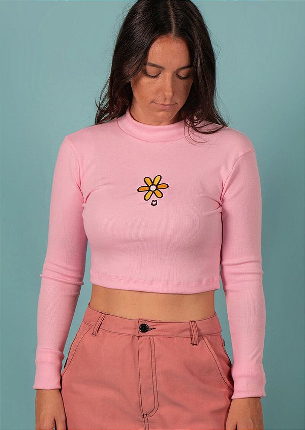 Cropped canelado gola alta manga longa rosa margarida