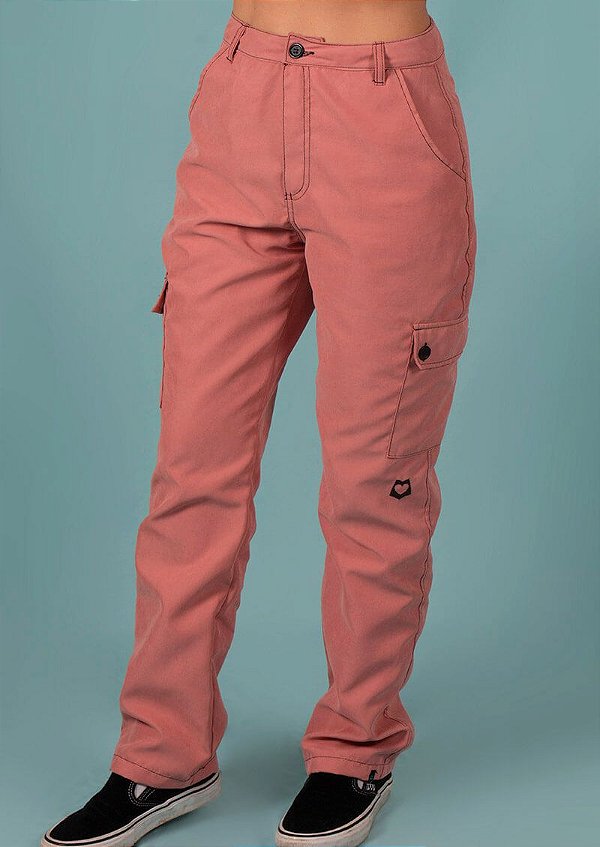 Calça cargo rosa cintura alta sarja