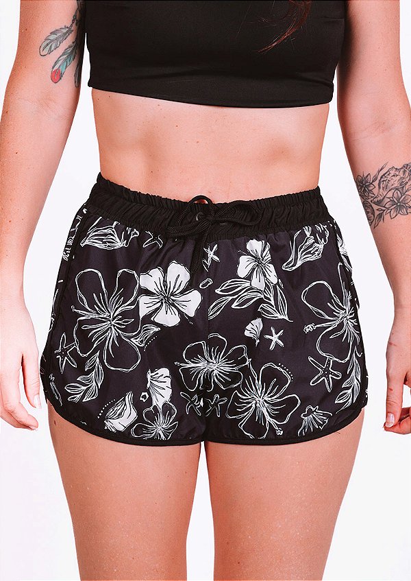 Boardshort floral preto e branco
