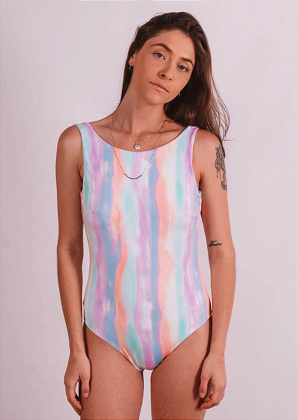 Maiô body dupla face tie dye listras com branco