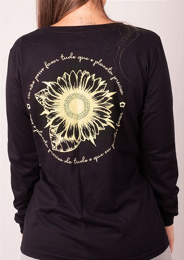 Blusa manga longa preta girassol