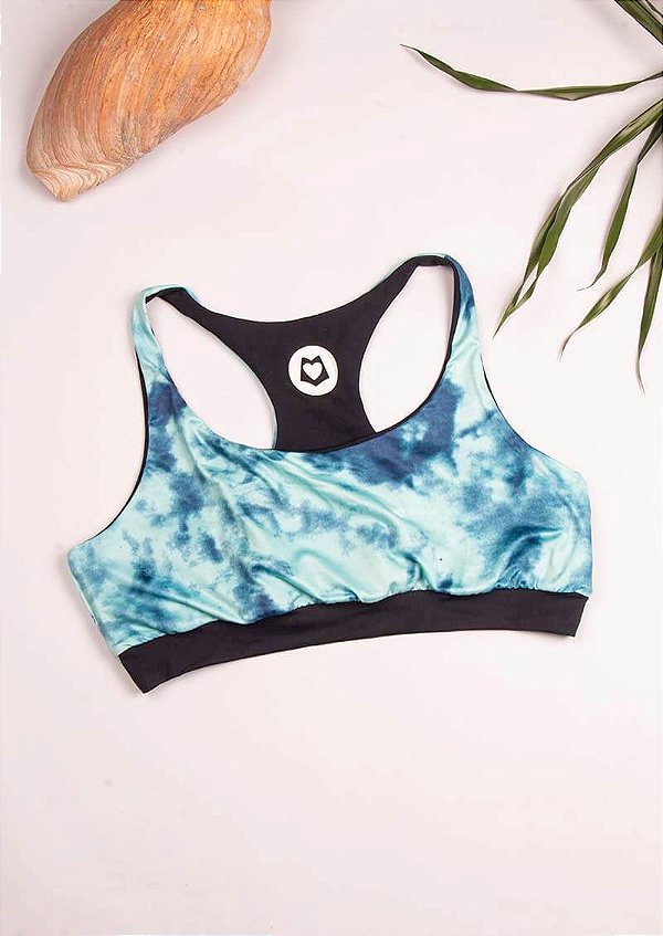 Top ativa dupla face preto e tie dye azul