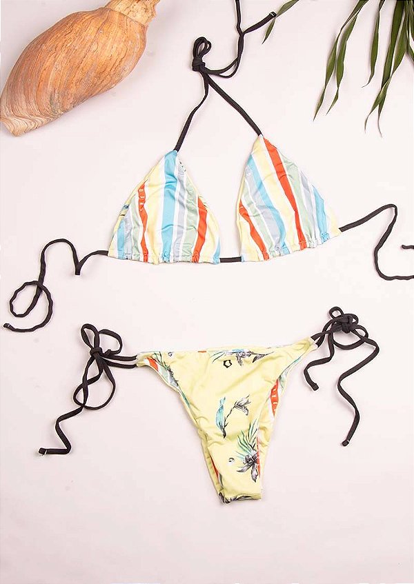 Biquíni cortininha dupla face listrado Hawaii e floral amarelo Maldivas