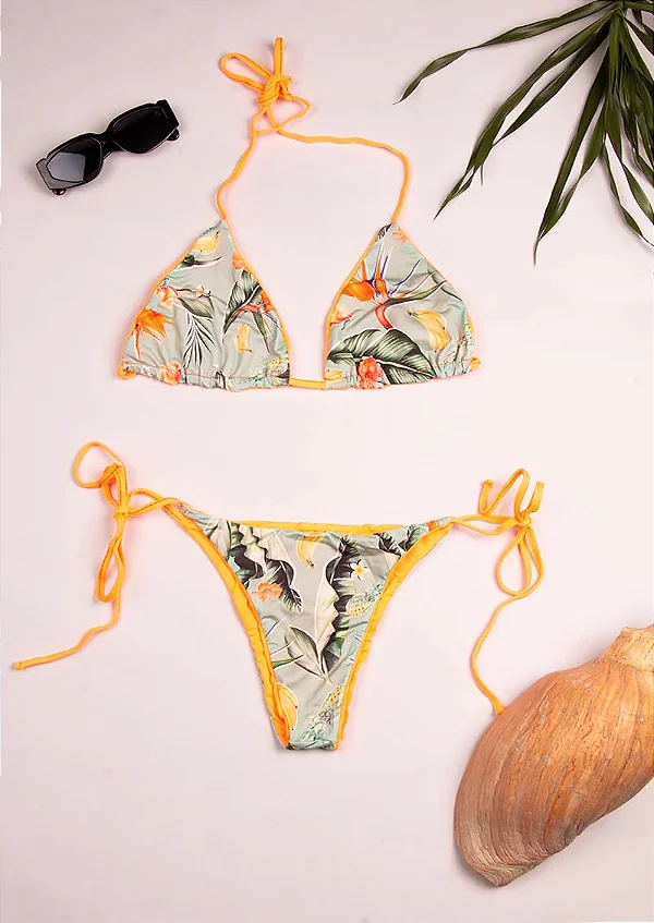 Biquíni cortininha dupla face laranja liso neon e floral verde Costa Rica