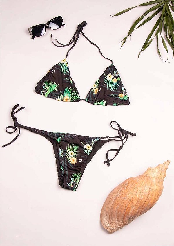 Biquíni cortininha dupla face preto liso e floral Noronha