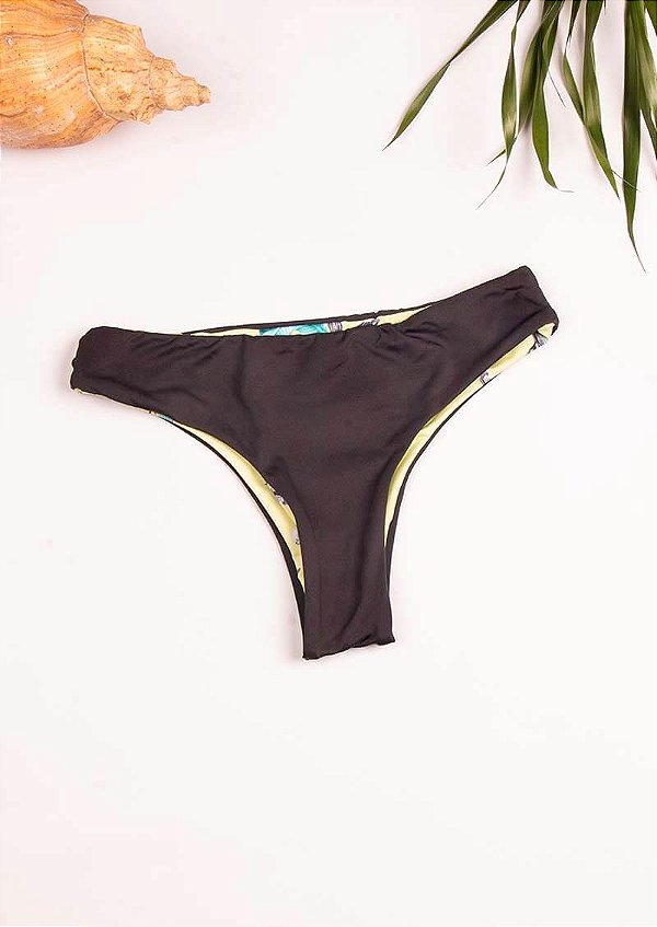 Calcinha Biquíni dupla face preto floral amarelo maldivas