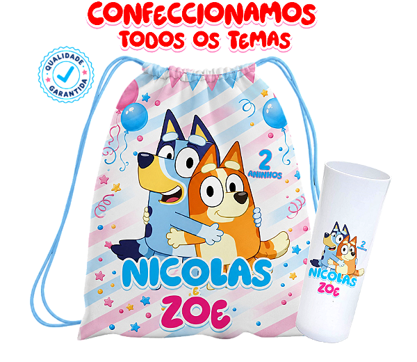 Kit Mochilinhas e copos personalizados todos os temas