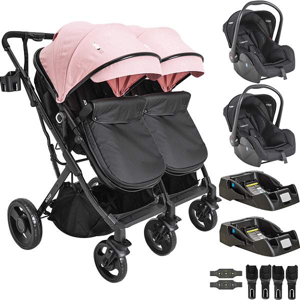 Carrinho Kiddo para Gemeos com 2 Bebe Conforto 2 Base Vox II Rosa