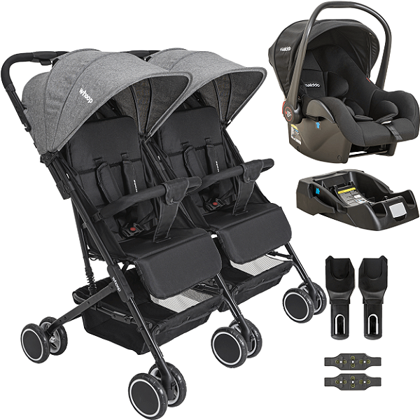 Carrinho Kiddo para Gemeos com Bebe Conforto Mascote Grafite