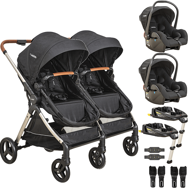 Carrinho Kiddo Gemeos 2 Bebe Conforto 2 Base ISOFIX Speedy Preto
