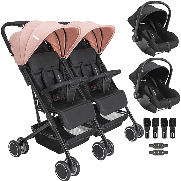 Carrinho Kiddo Gemeos com 2 Bebe Conforto Colinho Mascote Rosa