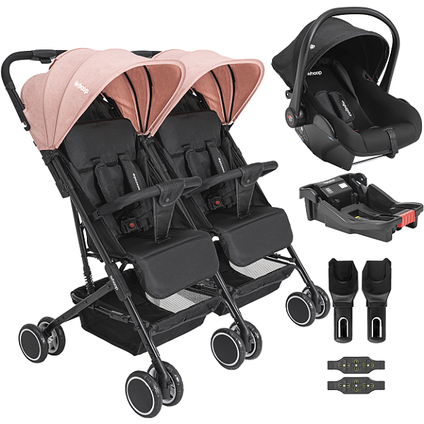 Carrinho Kiddo para Gemeos com Bebe Conforto Base Mascote Rosa