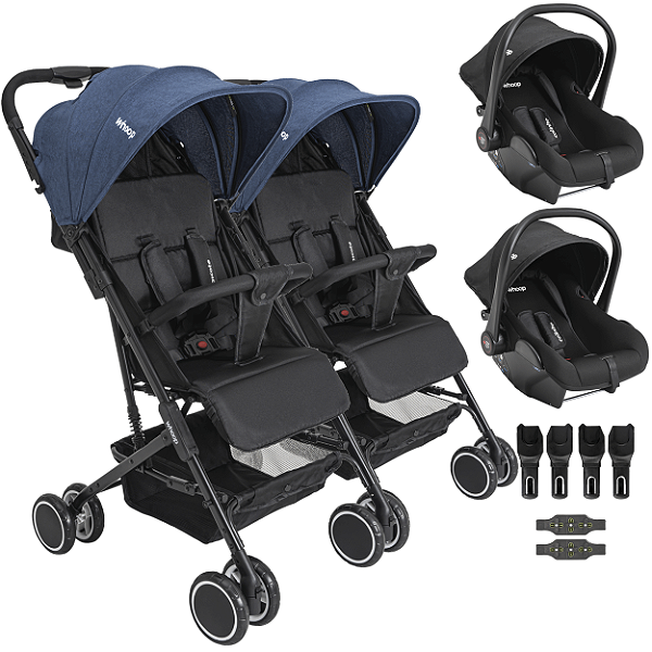 Carrinho Kiddo Gemeos com 2 Bebe Conforto Colinho Mascote Marinho