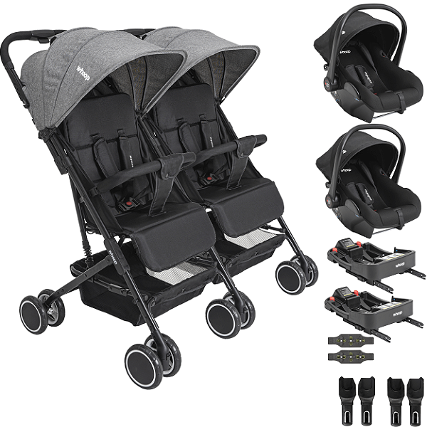 Carrinho Kiddo Gemeos 2 Bebe Conforto Colinho 2 Base ISOFIX Mascote Grafite