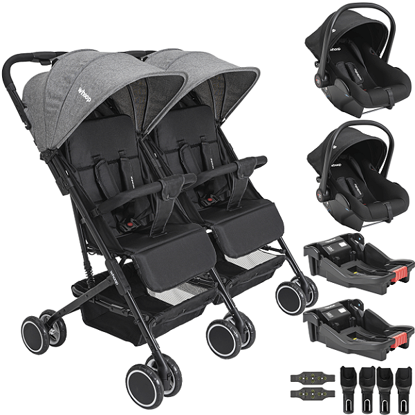 Carrinho Kiddo Gemeos 2 Bebe Conforto Colinho 2 Base Mascote Grafite