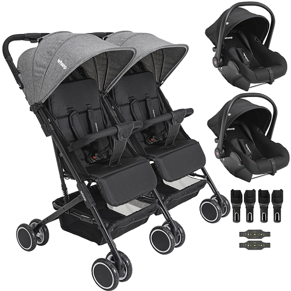 Carrinho Kiddo Gemeos com 2 Bebe Conforto Colinho Mascote Grafite