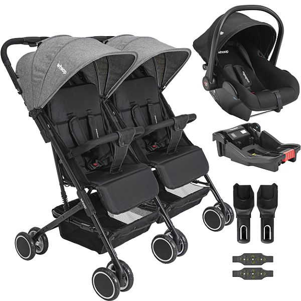 Carrinho Kiddo Gemeos com Bebe Conforto Colinho Base Mascote Grafite