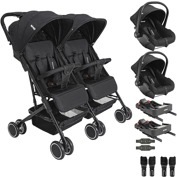 Carrinho Kiddo Gemeos 2 Bebe Conforto Colinho 2 Base ISOFIX Mascote Preto